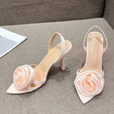 Hnzxzm Summer Fashion Silk Rose Flowers Pointed Open Toe Back Strap Sandals Women Red High Heels Wedding Prom Shoes Zapatos Mujer