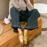 Hnzxzm Ballet Flats Women Pu Leather Shoe Women Narrow Band Loafers Silver Gold Flats Bling Bling Gold Round Toe Spring Footwear