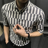 Hnzxzm Summer New Print Striped Men's Medium Sleeved Shirt Korean Trend Button Casual Fashion Versatile Pointed Collar Half Sleeve Top