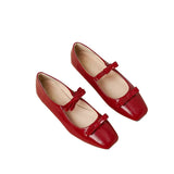 Hnzxzm New Double Bowknot Mary Jane Shoe Women Square Toe Glossy Leather Flats Female Red Dance Ballets Party Wedding Shoe Size 44