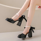 Hnzxzm New Bow High Heel Sandals with Fairy Style Trendy Mary Jane Net Red Pearl Hollow Thick Heel Sandals