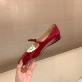 Hnzxzm 2024 New Bowknot Mary Jane Shoes Women Square Toe Glossy Leather Flats Female Red Dance Ballets Party Ball Bridal Wedding Shoes