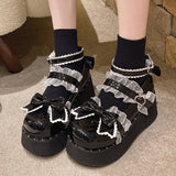 Hnzxzm Punk Goth Chunky Platform Pumps Women Autumn Bowtie Wedges Mary Jane Lolita Shoes Woman Heart Ankle Buckle Black Y2K Shoes