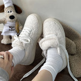 Hnzxzm Fluffy Fur White Platform Sneakers Women 2024 Spring Lace Up Casual Sports Shoes Woman Simple Flat Heels Student Shoes