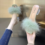 Hnzxzm Fashion Slippers Women's Summer New Open Toe Plush Fox Fur Chunky with Flip Flops Sexy Home Banquet Square Toe Simple Pumps