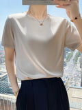 Hnzxzm Summer T-shirts Woman O Neck Short Sleeves Tees Satin Klein Blue Champagne Solid Color Loose Women'soversized T Shirt Silk Tops