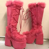 Hnzxzm New Winter Women Snow Boots Platform Wedge High Heel Faux Fur Lady Shoes Female Plush Warm Non-slip Mid Calf Boots Goth Shoes