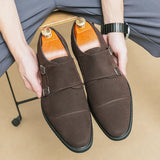 Hnzxzm New Brown Loafers Flock Double Buckle Monk Shoes Black Square Toe Slip-On Business Men Dress Shoes Size 38-46