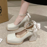 Hnzxzm Shoes Hot Sale 2024 New Style One-piece Buckle Womens Shallow Mouth Mary Jane Shoes Square Toe Solid Color Bow High Heels