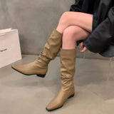 Hnzxzm Women Knee High Boots Autumn Winter Female Shoes Fashion Female Slip-on Folds Low Heel Round Toe Flat Long Boots Botas De Mujer