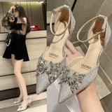 Hnzxzm Sandals for Women Party and Weddings Footwear with Medium Heels Ladies Shoes Silver Summer Pointed Toe Diamond Rhinestones