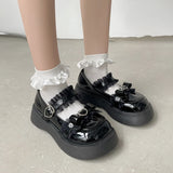 Hnzxzm Kawaii Lace Bowknot White Lolita Shoes Women Heart Buckle Platform Mary Janes Woman Japanese Style Patent Leather Jk Shoes