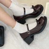 Hnzxzm Vintage High Heel Mary Jane Shoes for Women New Summer Bow Brown Round Head English Style Small Leather Shoes