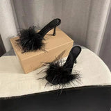 Hnzxzm Women's Slippers and Ladies Sandals Black Slides Vintage Feather Shoes Heeled Summer Furry Wedding Sexy Fuzzy Unique Eva I