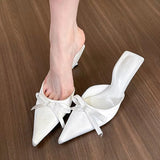 Hnzxzm New Silk Butterfly-knot Women's Slippers Sandals Pointed Toe High Heel Pumps Ladies Stripper Mules Shoes High Heel Shoes