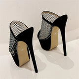 Hnzxzm Design Peep Toe CRYSTAL Mesh Fabric Sexy Women Slippers Stiletto Platform High Heels Female Nightclub Shoes