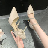 Hnzxzm Footwear Thin Heels Sandals for Woman Diamond Summer Stiletto Women's Shoes Rhinestones Closed Pointed Toe Buckles Beige H