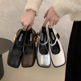 Hnzxzm 2024 Autumn New Women Fashion Square Toe Close Toe Ankel Strap Mules Ladies Elegant Mary Jane Ballet Shoes Mid Heel Dress Pumps