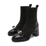 Hnzxzm Autumn Women Knit Ankle Boots Fashion Metal Decoration Slimming Short Booties Autumn Winter Female Thick Heel Shoes