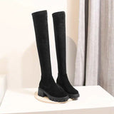 Hnzxzm Big Size Cow Leather Stretch Over-the-knee Boots Platform Round Toe High Heels Winter Women Warm Thigh High Boots