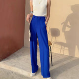 Hnzxzm Blue White Wide Leg Pants Spring 2024 Womens Fashion Loose Women's Pants Office Full Length High Waisted Wide Trousers for Women