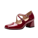 Hnzxzm Vintage Mary Jane women's shoes medium heel small leather shoes square head rhinestone cross buckle wine red thick heel shoes