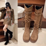 Hnzxzm Women Suede Knee High Boots 2024 New Fashion Tassels Western Cowboy Boots Round Toe High Heels Shoes Roman Female Long Boots