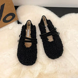 Hnzxzm Winter Warm Fur Women Mary Jane Shoes Flats Casual Shallow Ladies Comfort Soft Sole House Cotton Shoes