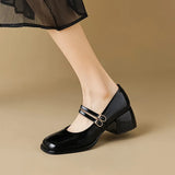 Hnzxzm Large Size 34-43 Mary Jane Shoes Women Block Heel Patent Leather Black Shoes