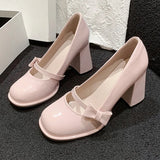 Hnzxzm Sweet Bowknot High Heels Mary Janes Women Cute Round Toe Patent Leather Pumps Woman Slip-On Square Heeled Bow Party Shoes Ladies