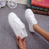 Hnzxzm Women Shoes Fashion Summer Casual White Shoes Cutouts Lace Canvas Hollow Breathable Platform Flat Shoes Woman Sneakers