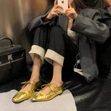 Hnzxzm Ballet Flats Women Pu Leather Shoe Women Narrow Band Loafers Silver Gold Flats Bling Bling Gold Round Toe Spring Footwear