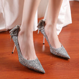 Hnzxzm Bling Sequins Wedding Shoes for Women Bride Elegant Pointed Toe Thin Heels Pumps Woman Silver Crystal High Heels for Ladies