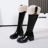 Hnzxzm Winter Knee High Brown Long Boots Comfort Square Heel Zip Belt Buckle Platform Boots for Women  Plush Edge Warm Gothic Shoes