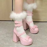 Hnzxzm New High Heels Sweet Pink Bow Pumps Shoes Women Platform Sandals Lolita Girls Cosplay Uniform Shoes Black White Plus Size