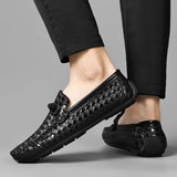 Hnzxzm Leather Men Shoes Casual Flats Men Shoes Breathable Loafers Genuine Leather Slip Moccasins Comfortable Checkered