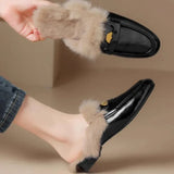 Hnzxzm 2024 New Women's Fuzzy Slippers Winter Warm Flat Half Slippers Fashion Covered Women Shoes Mules Elegant Metal Buckle Loafers