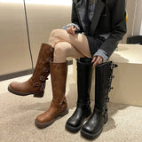 Hnzxzm New High Quality Wasteland Style Vintage T Barrel Western Boots for Women Black Belt Straps Boot Shoes Brown Platform Shoes