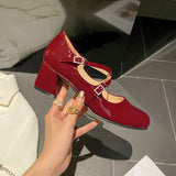 Hnzxzm Vintage Mary Jane women's shoes medium heel small leather shoes square head rhinestone cross buckle wine red thick heel shoes