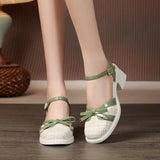 Hnzxzm Sandals for Women Green Footwear Closed Summer 2024 Bow Square Heels Low Ladies Shoes Vintage