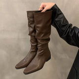 Hnzxzm Women Knee High Boots Autumn Winter Female Shoes Fashion Female Slip-on Folds Low Heel Round Toe Flat Long Boots Botas De Mujer