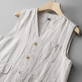 Hnzxzm Casual Men Loose Linen Cotton Vest Japanese Retro Sold Color Multiple Pockets Workwear Sleeveless Top V-neck For Male