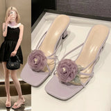 Hnzxzm Slippers Women's Sandals Woman Summer 2024 Sweet Flowers Fashion Designer Slides Elegant Party Dress Medium Heel Footwear New In