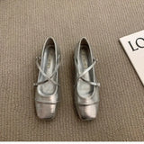 Hnzxzm Medium Heeled Mary Jane Single Shoes New Women Shoes Retro Thick Heeled Ballet Shoes Cross Buckle Shallow Soft Sole Shoe