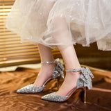 Hnzxzm Summer Luxury Women's Fashion Pointed Toe Sequins Rhinestone Bow Crystal High Heel Sandals Party Wedding Shoes