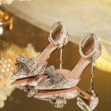 Hnzxzm 2024 Summer Luxury Women Rhinestone Butterfly Pearl Gold High Heels Silver High Heel Sandals Party Wedding Shoes Plus Size