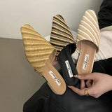 Hnzxzm Summer Fashion Mix Color Flat Slipper Women Mules Shoes Cane Weave Ladies Sandal Shoes Square Flat Heel Outdoor Casual Shoes