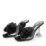 Hnzxzm New Fashion Crystal Bow High Heels Slippers Shoes Woman Sexy PVC Transparent Sandals Women Slides Open Toe Pumps Blue Black