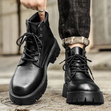 Hnzxzm Boots Men lace up Brand Comfortable Fashion Leather Men's Boots high top Leather High Quality British Men's ankle Boots