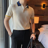 Hnzxzm Korean Trendy Lapel High-end Fashion Simple Knit Polo Shirt Men's Panelled Patchwork Button Loose Versatile Short Sleeved Tops